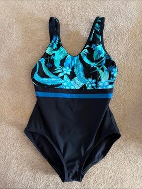 Black One-Piece Swimsuit with Teal Floral Side Accent